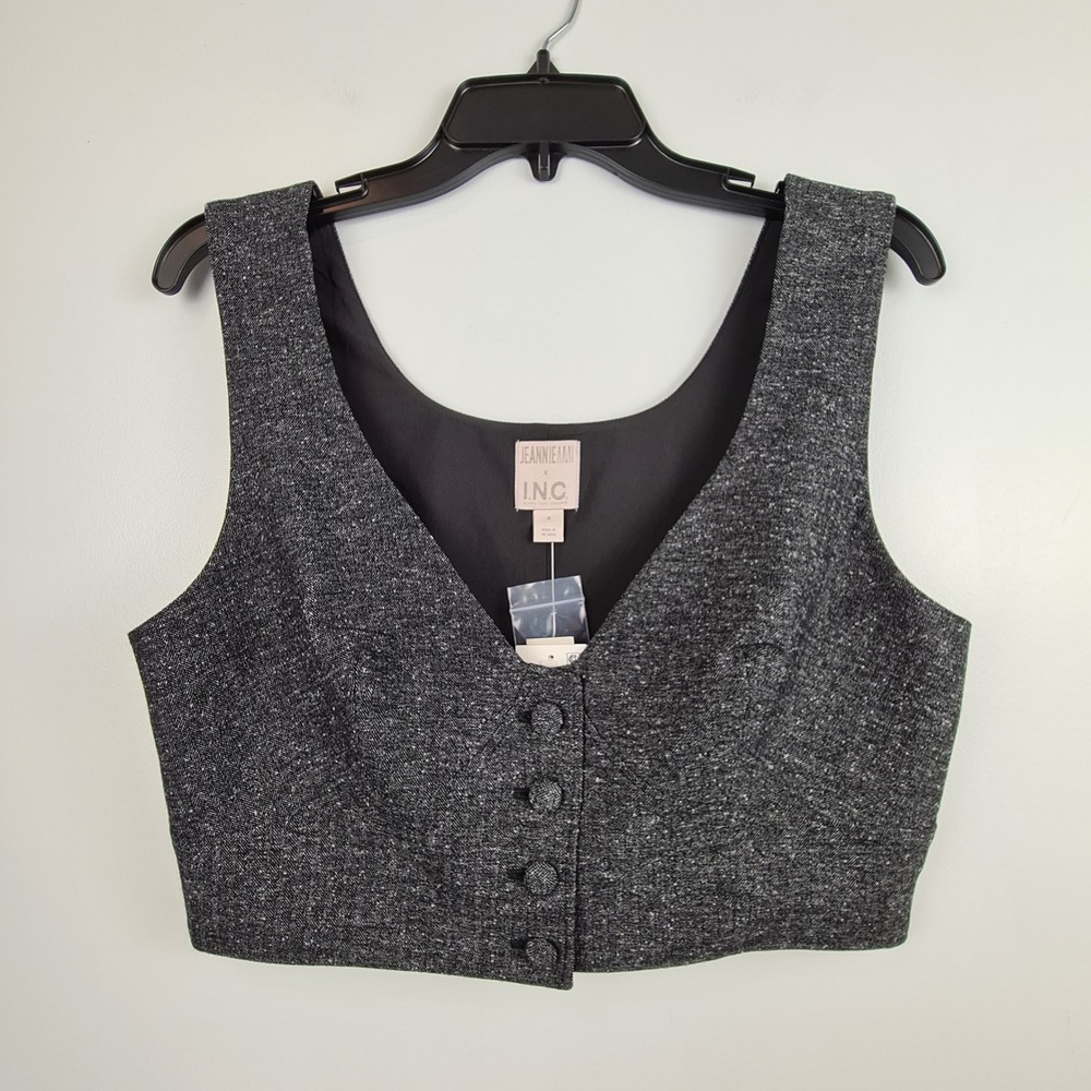 Jeannie Mai x INC Womens Charcoal Grey Herringbone Cropped Button Front Vest 8